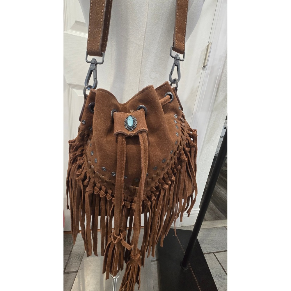 Shyanne Brown Suede Fringe Bucket Bag Turquoise Studded Leather Crossbody